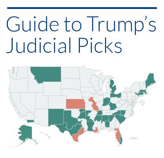 Promo that reads Guide to Trump's Judicial Picks with a map showing the number of vacancies in the district courts